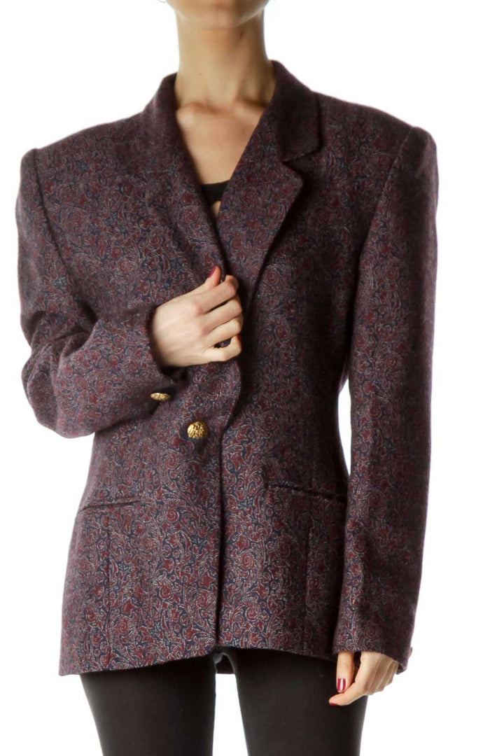 Purple Navy Paisley Print Wool Blazer