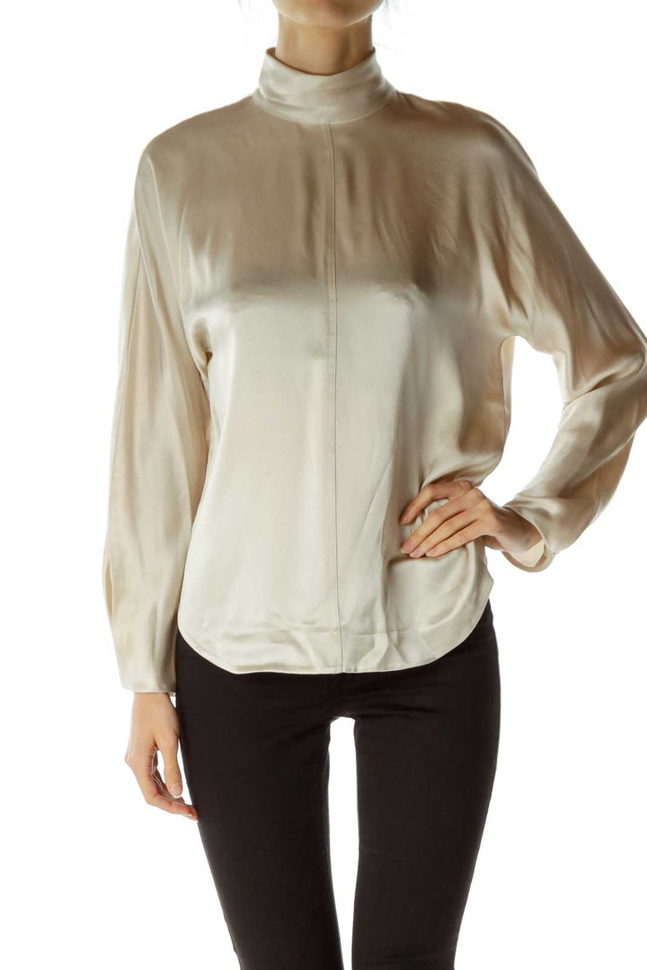 Beige 100% Silk Shiny Long Sleeve Shirt