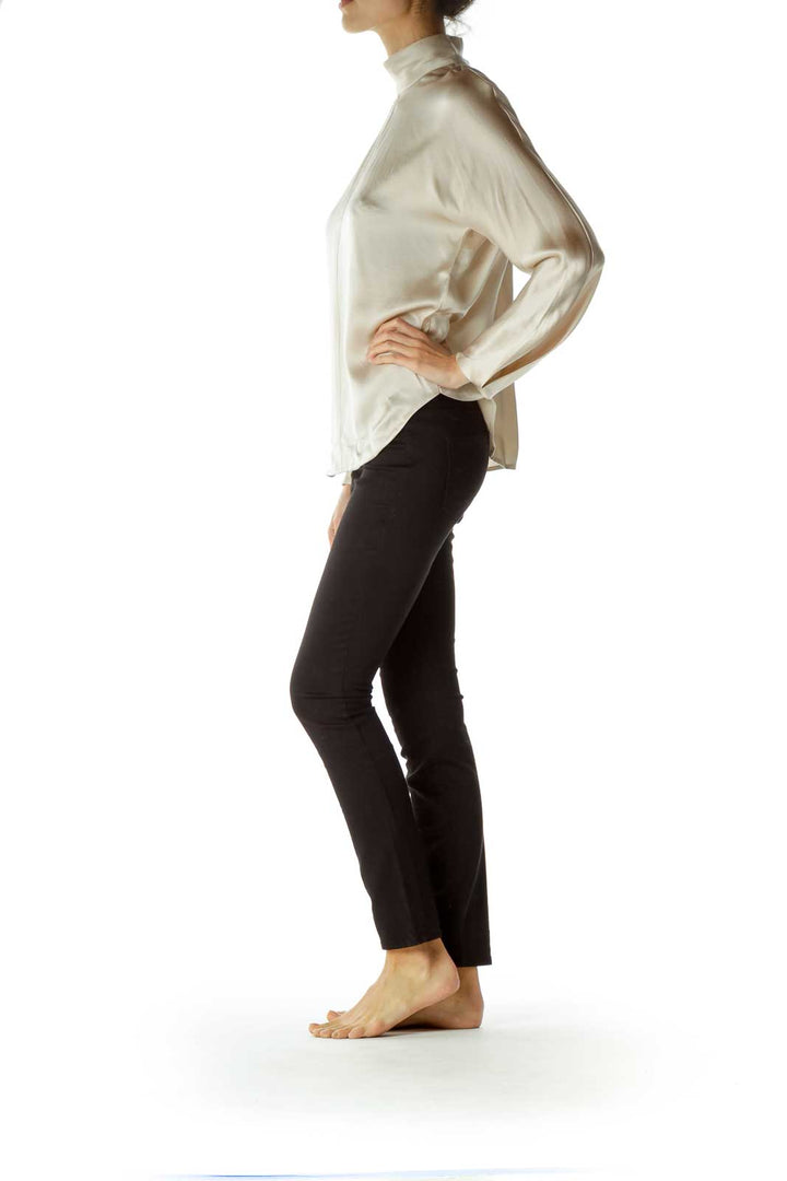 Beige 100% Silk Shiny Long Sleeve Shirt