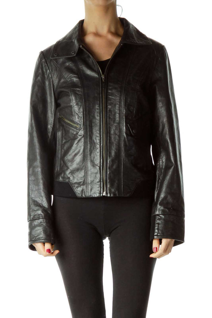 Black Zippered Leather Jacket with Pockets