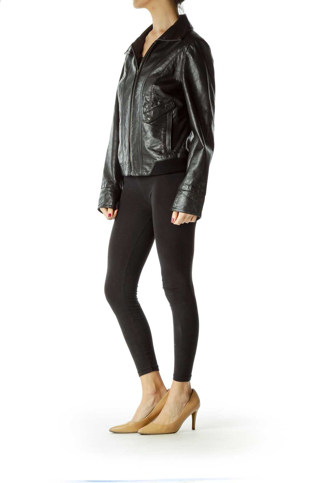 Black Zippered Leather Jacket with Pockets