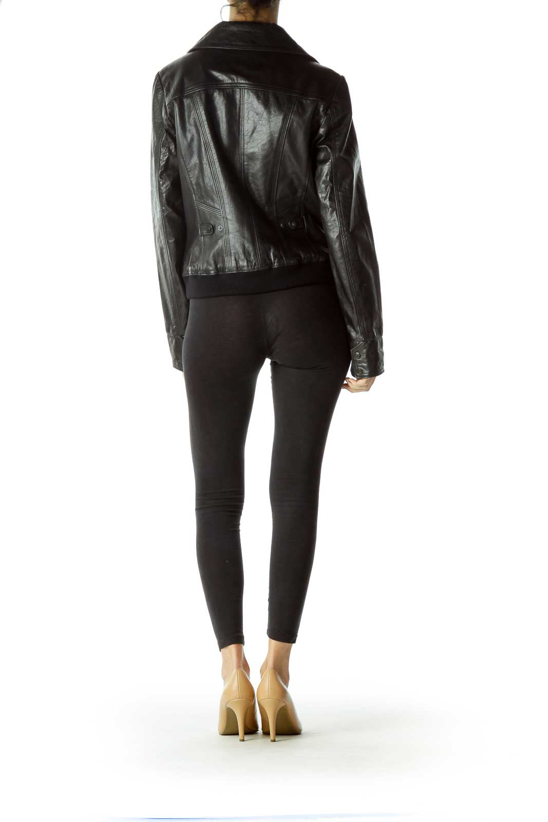 Black Zippered Leather Jacket with Pockets