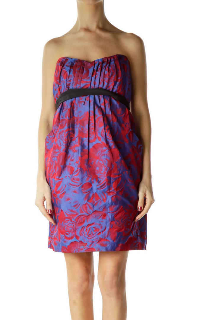 Blue Red Shiny Flower Print Strapless Dress