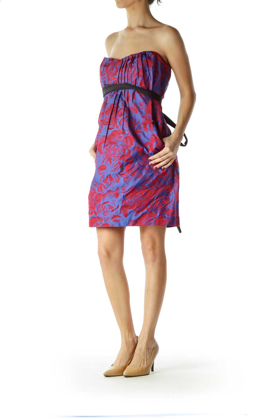 Blue Red Shiny Flower Print Strapless Dress