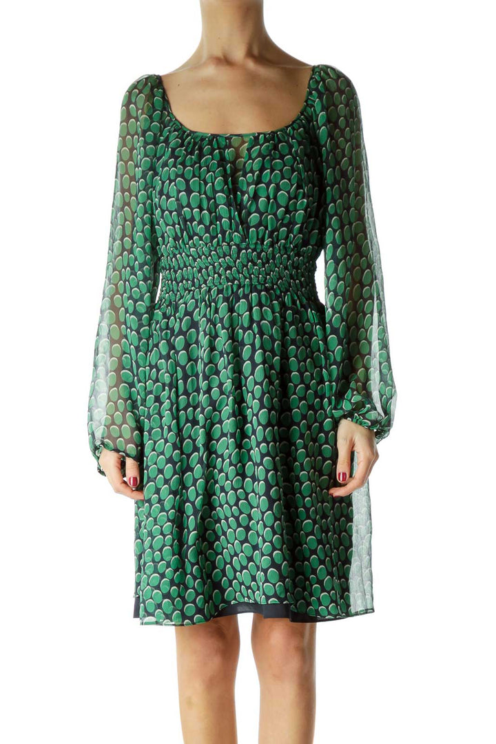 Green Printed Silk Long Sleeve Dress