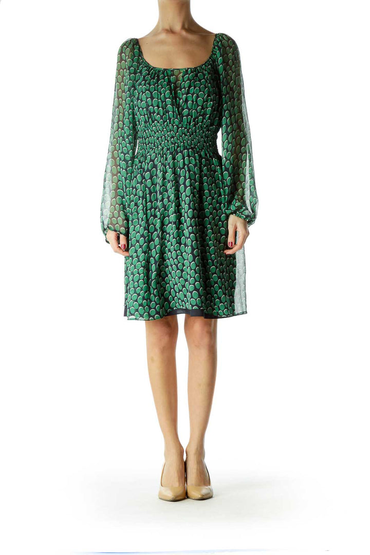 Green Printed Silk Long Sleeve Dress