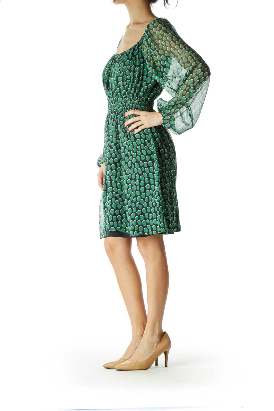 Green Printed Silk Long Sleeve Dress