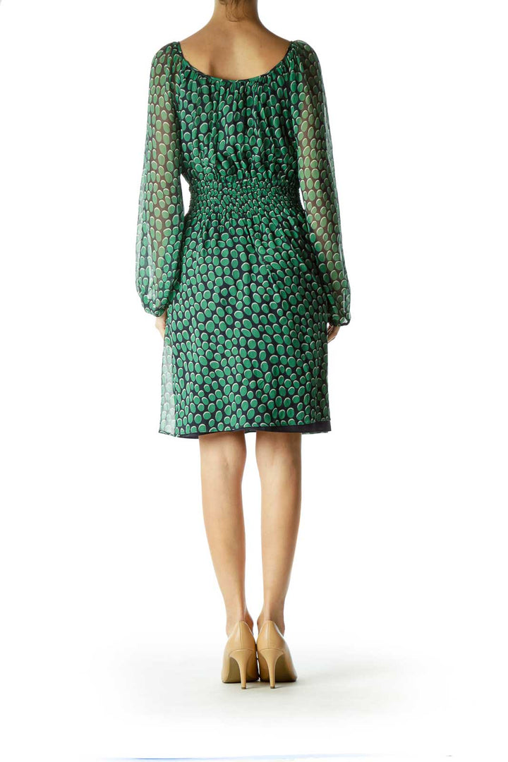 Green Printed Silk Long Sleeve Dress