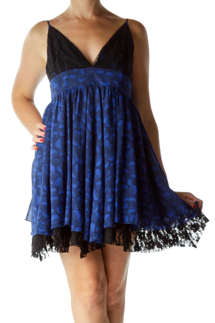 Blue Black Laced Printed Spaghetti Strap Dress