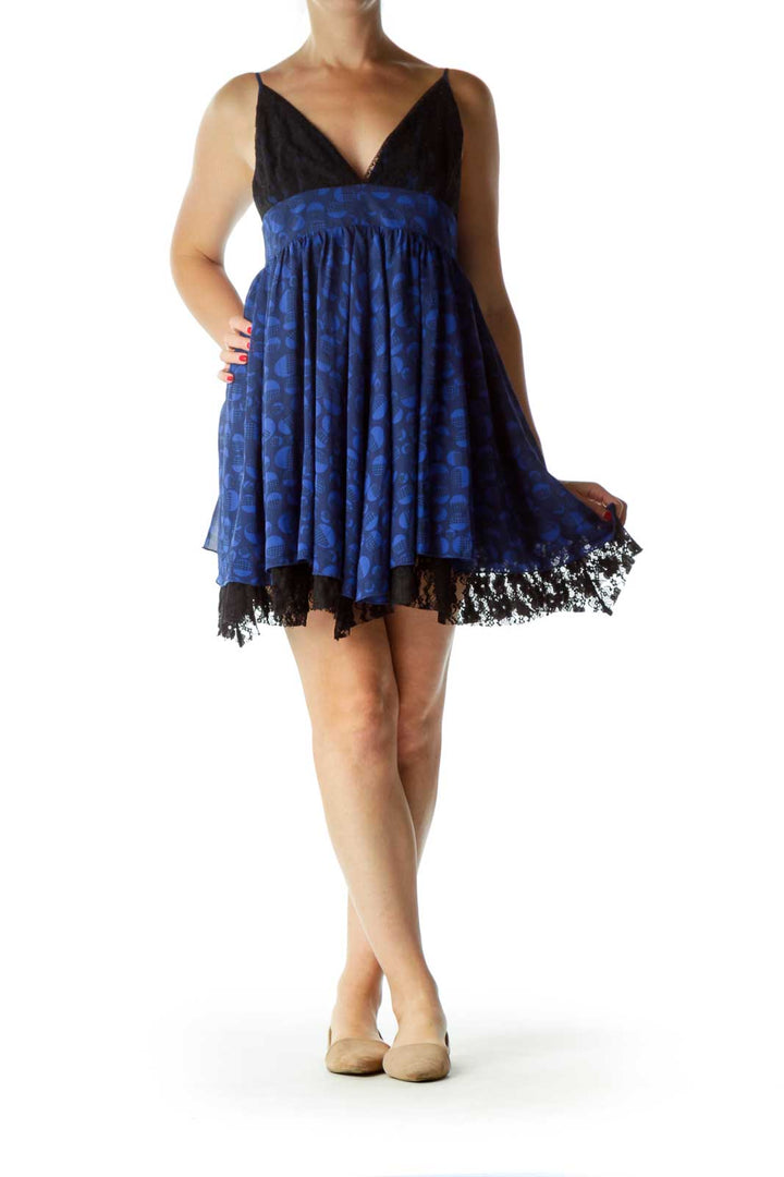 Blue Black Laced Printed Spaghetti Strap Dress