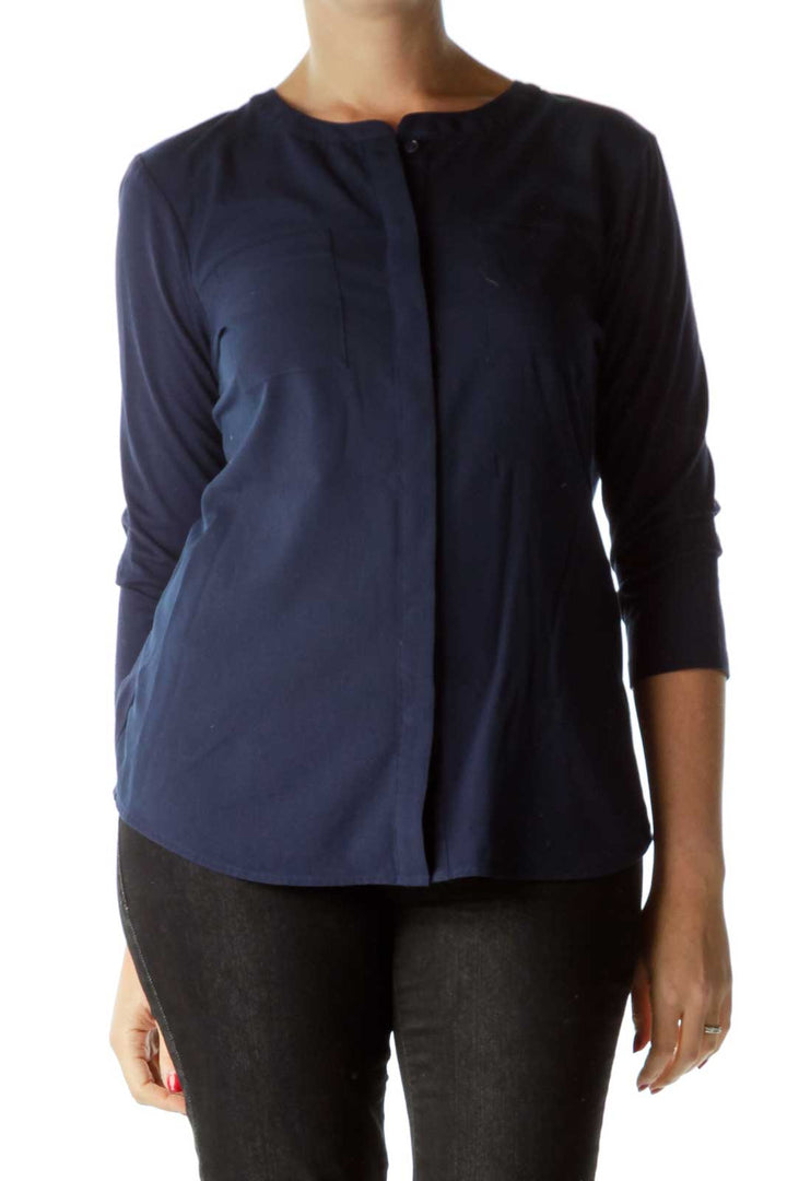 Blue Buttoned Pocketed Blouse