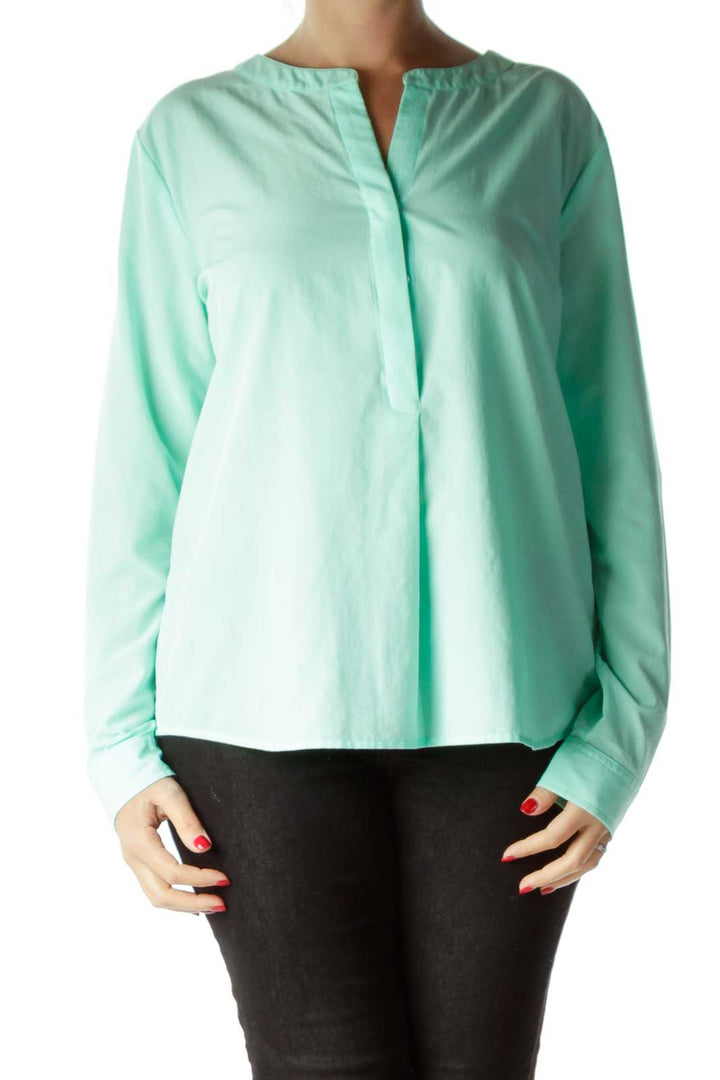 Green Buttoned Crew Neck Blouse