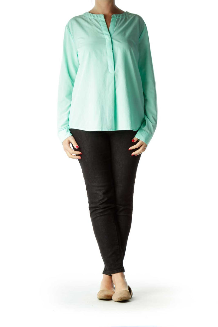 Green Buttoned Crew Neck Blouse