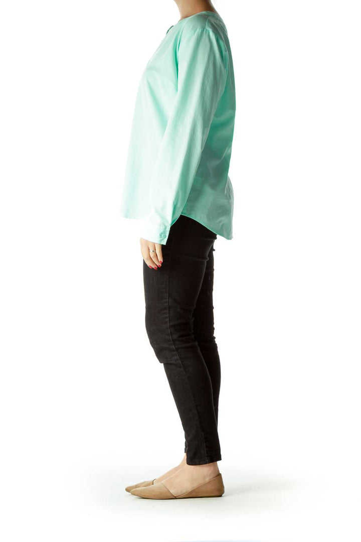 Green Buttoned Crew Neck Blouse