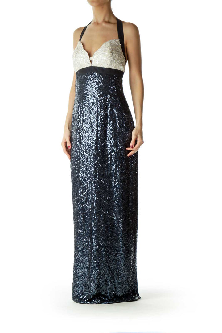 Navy Silk Beaded Evening Dress - NWT