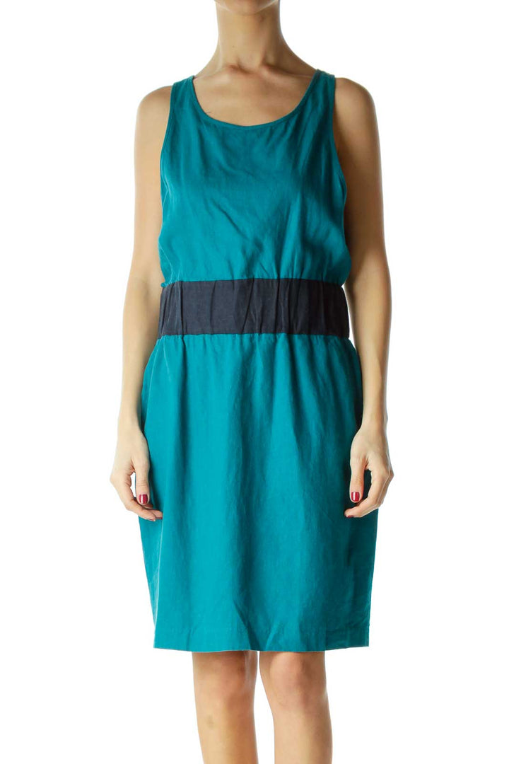 Blue Sleeveless Elastic Waist Day Dress