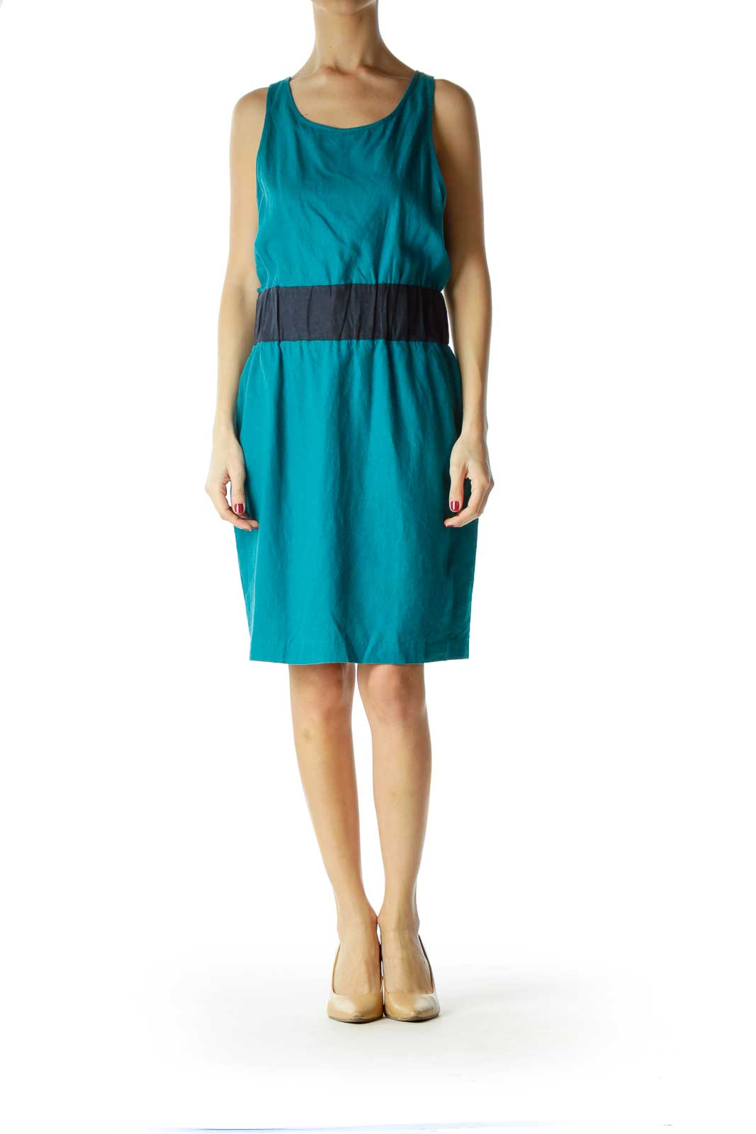 Blue Sleeveless Elastic Waist Day Dress