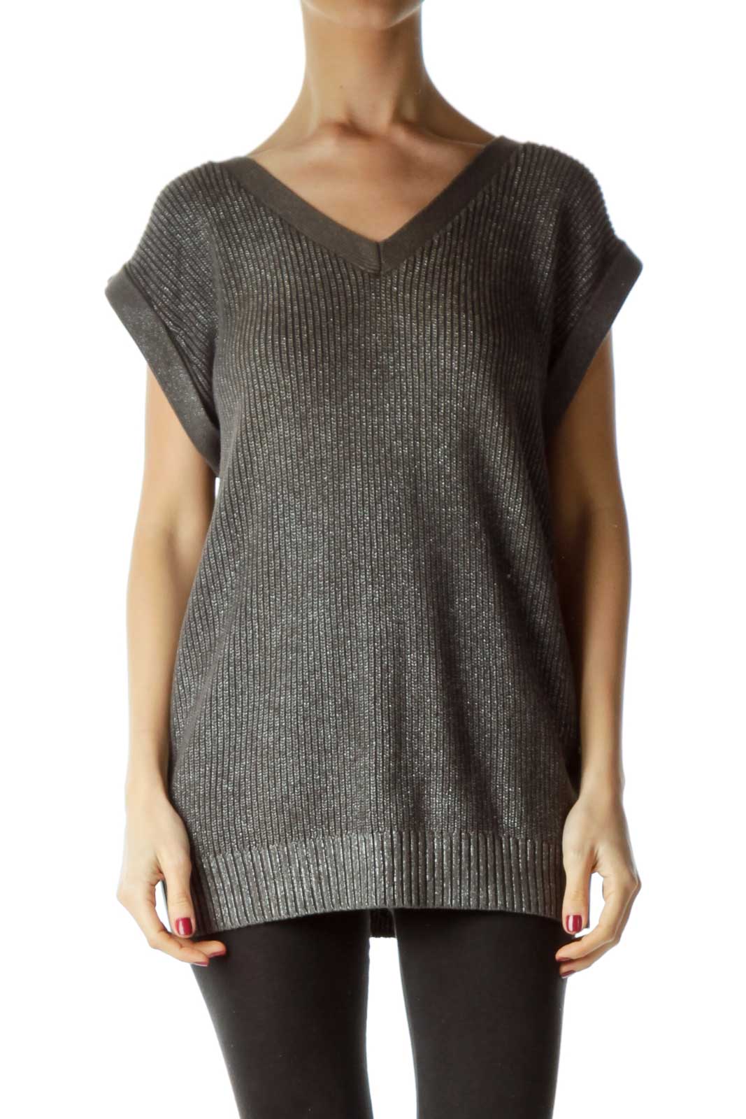 Gray Metallic Knit V-Neck Top