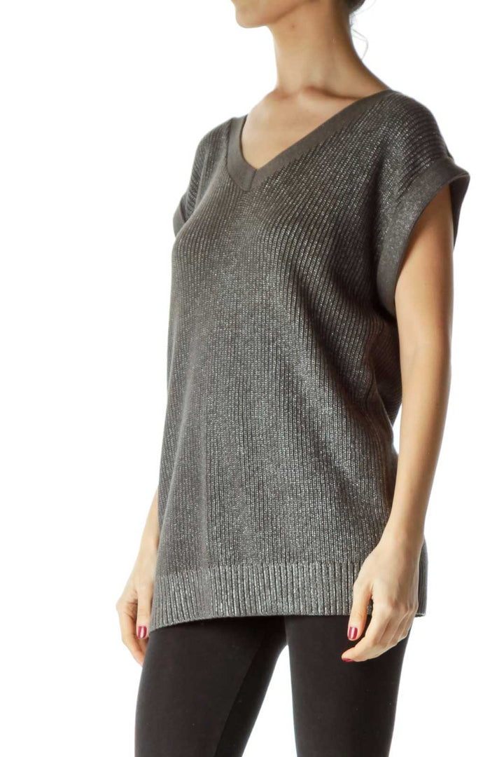 Gray Metallic Knit V-Neck Top