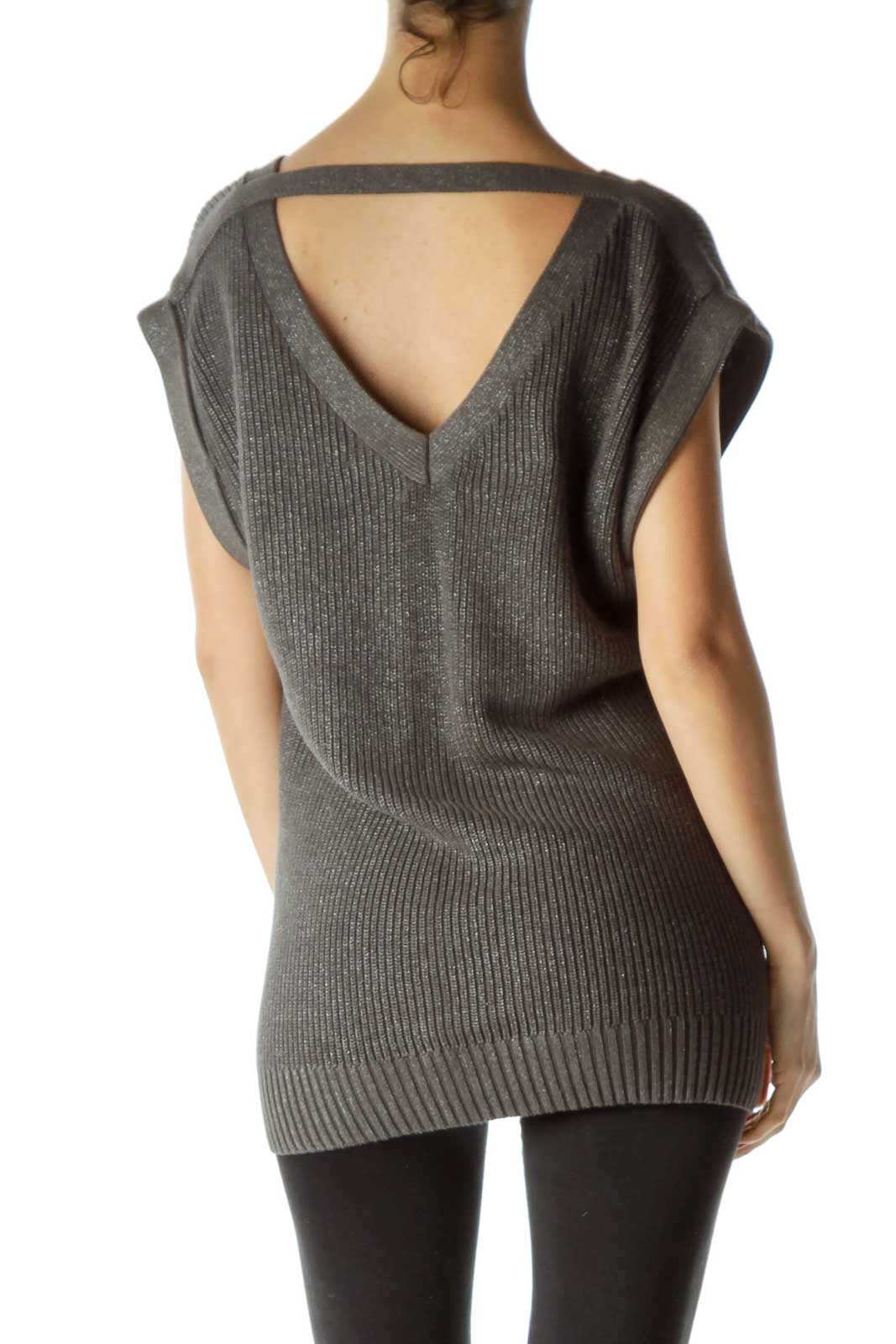 Gray Metallic Knit V-Neck Top