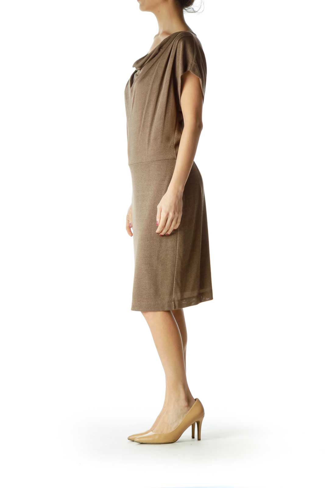 Beige Sheer Slim Short Sleeve Knit Dress