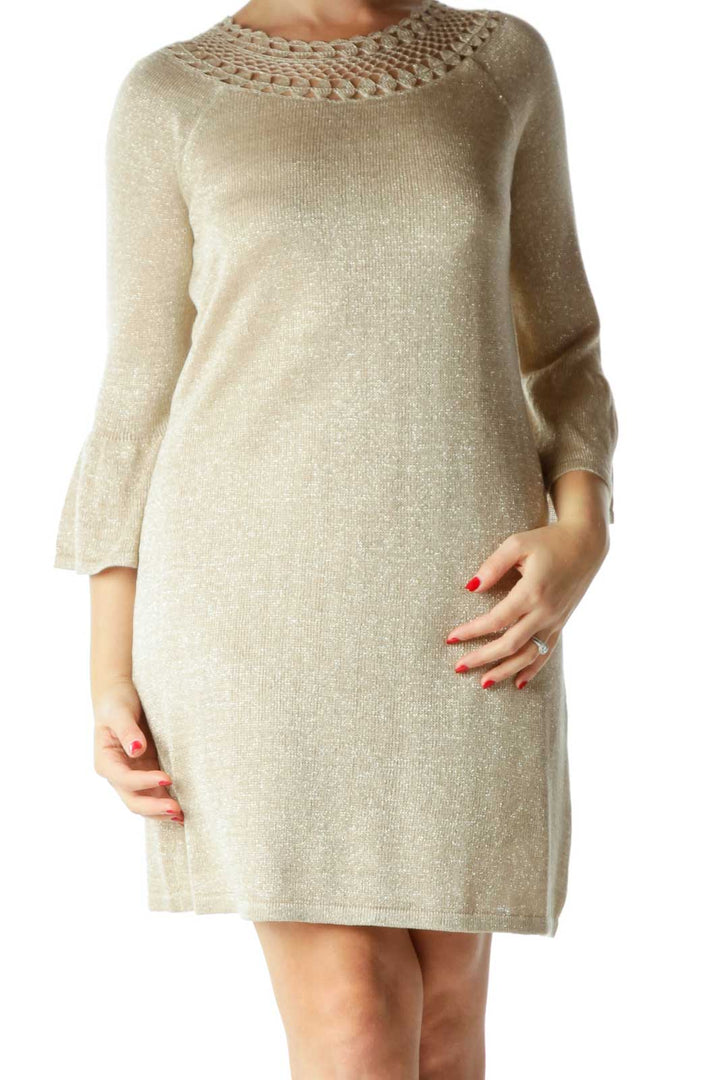 Beige Metallic Bell-Sleeves Knit Dress