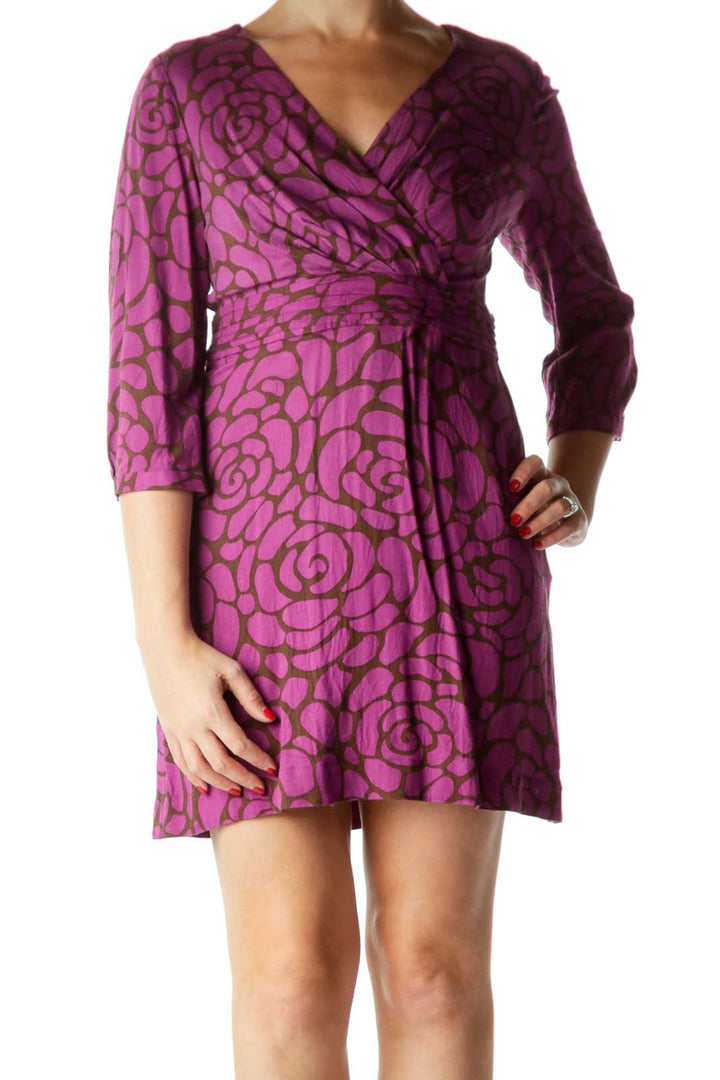 Purple Brown Floral Print V-Neck Day Dress