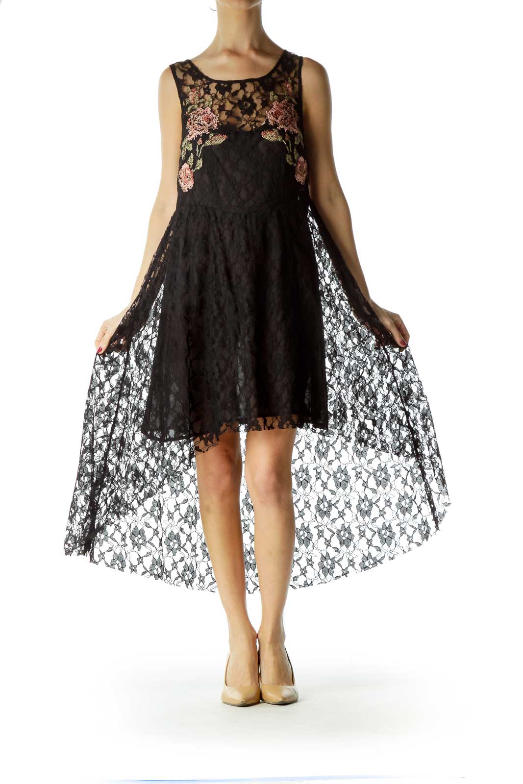 Front view of Free People black lace dress with floral embroidery and high-low hem