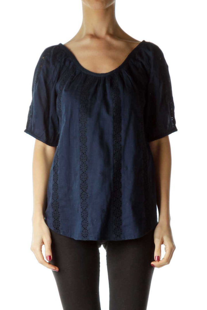 Navy Eyelet Round Neck Blouse