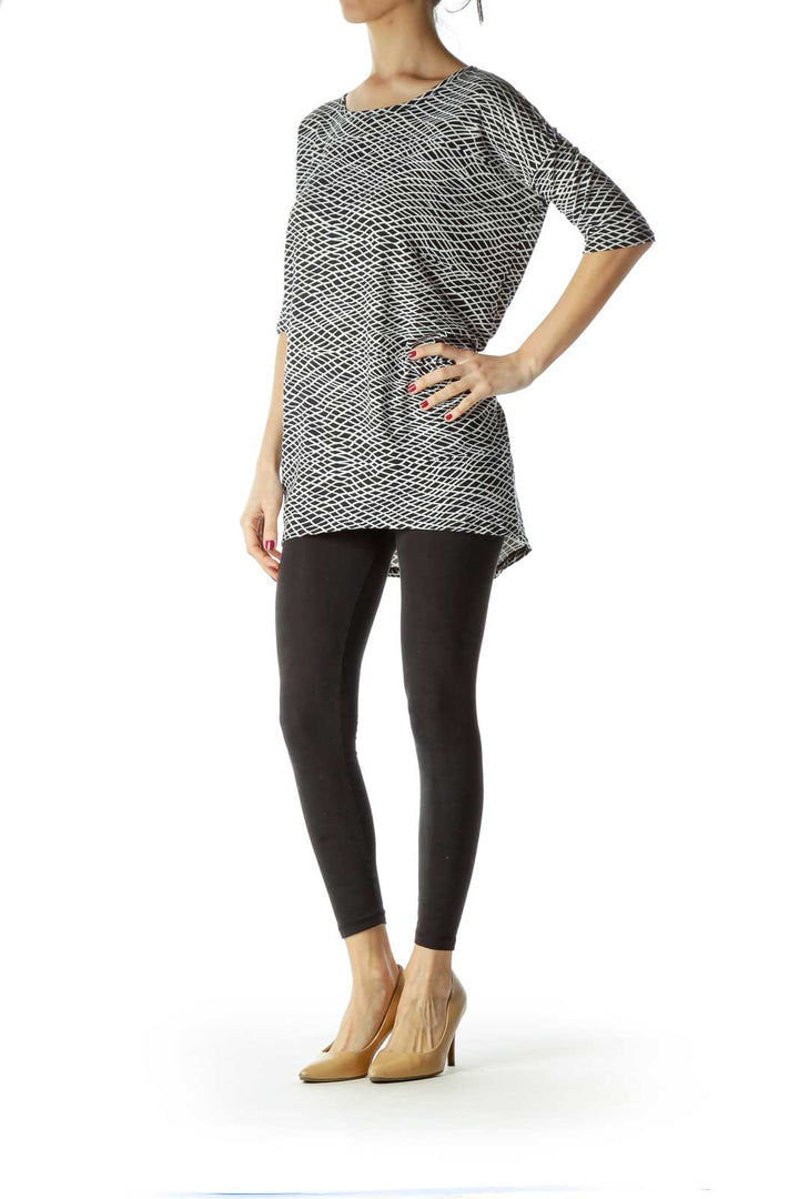 Black White Print Round Neck Tunic