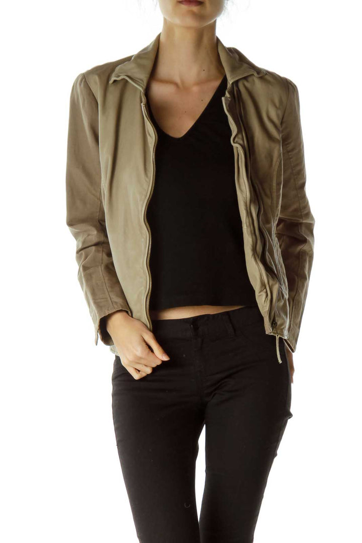 Brown Zipper Down Linen & Leather Jacket