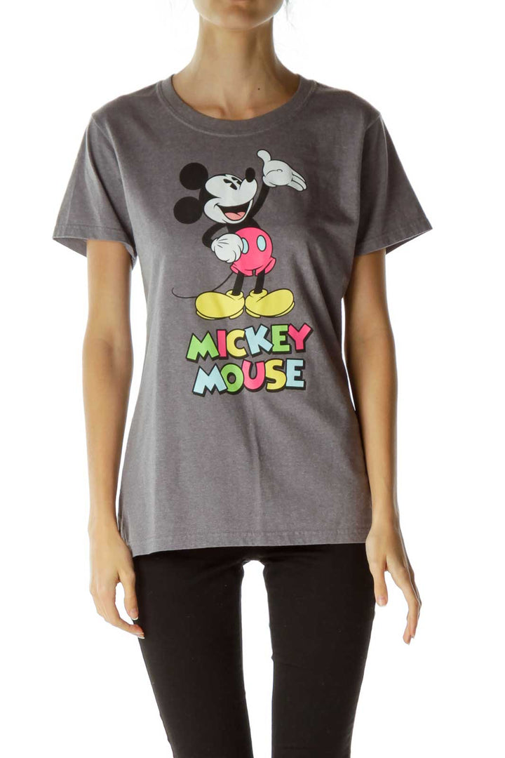 Gray Mickey Mouse Print T-Shirt