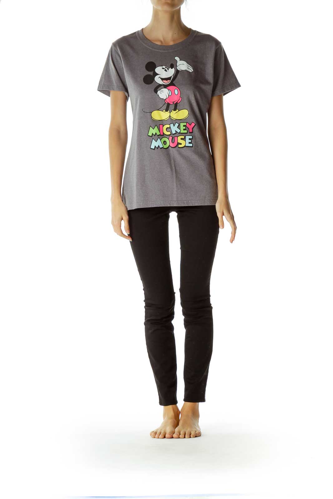 Gray Mickey Mouse Print T-Shirt