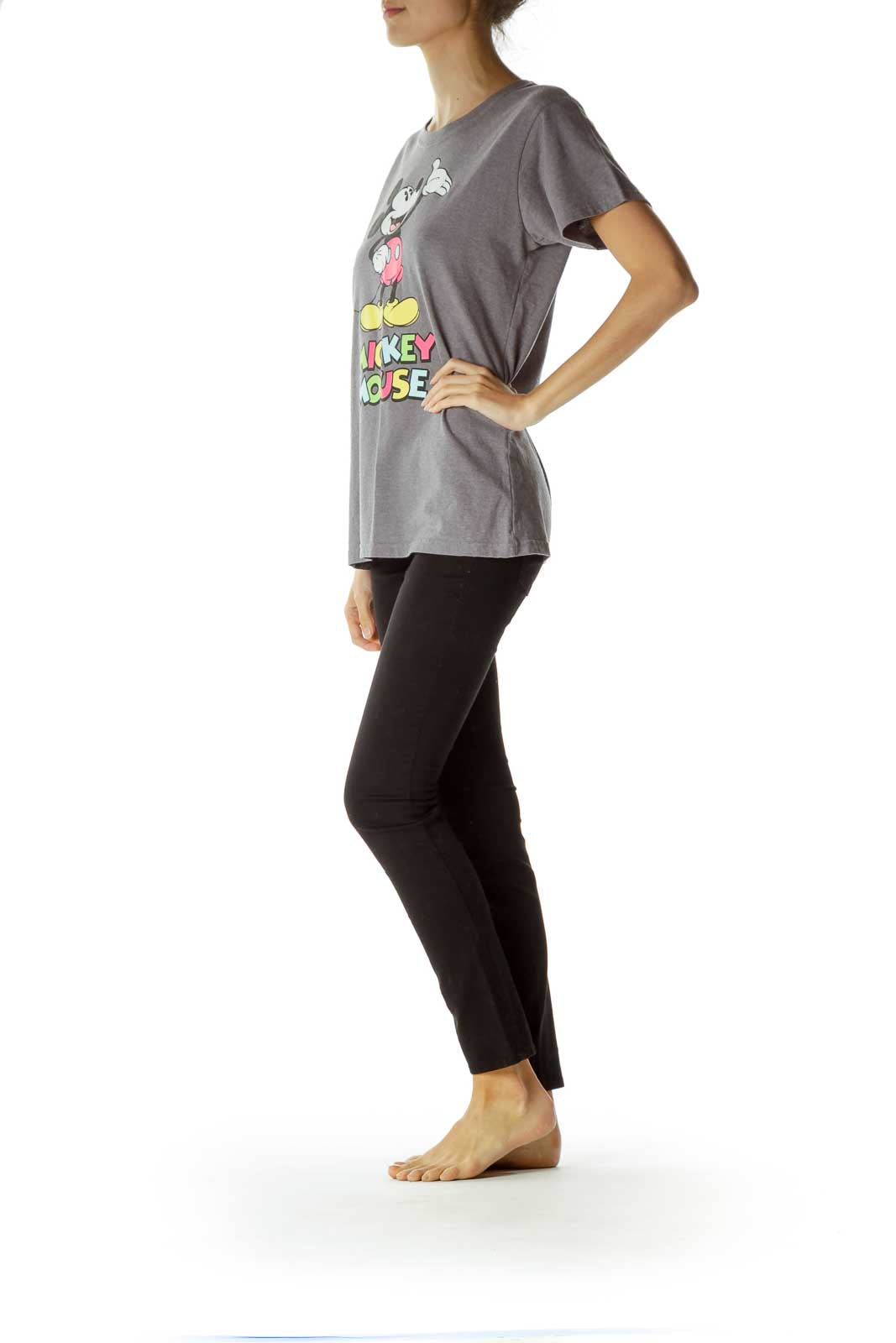 Gray Mickey Mouse Print T-Shirt