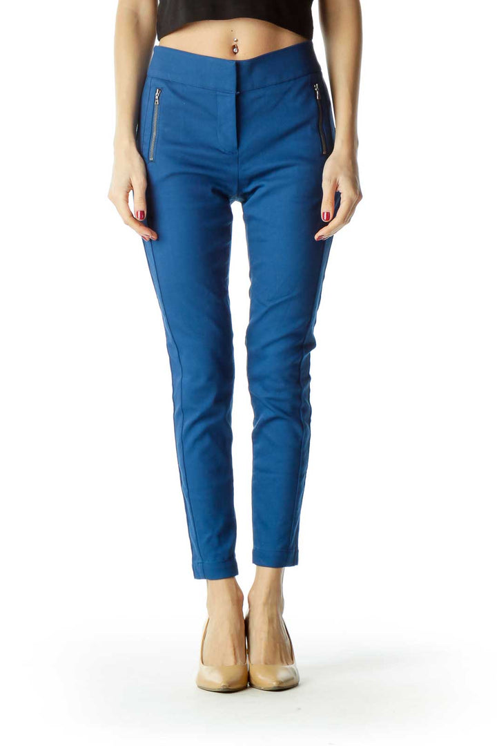 Blue Zippered Pockets Skinny Petite Pants