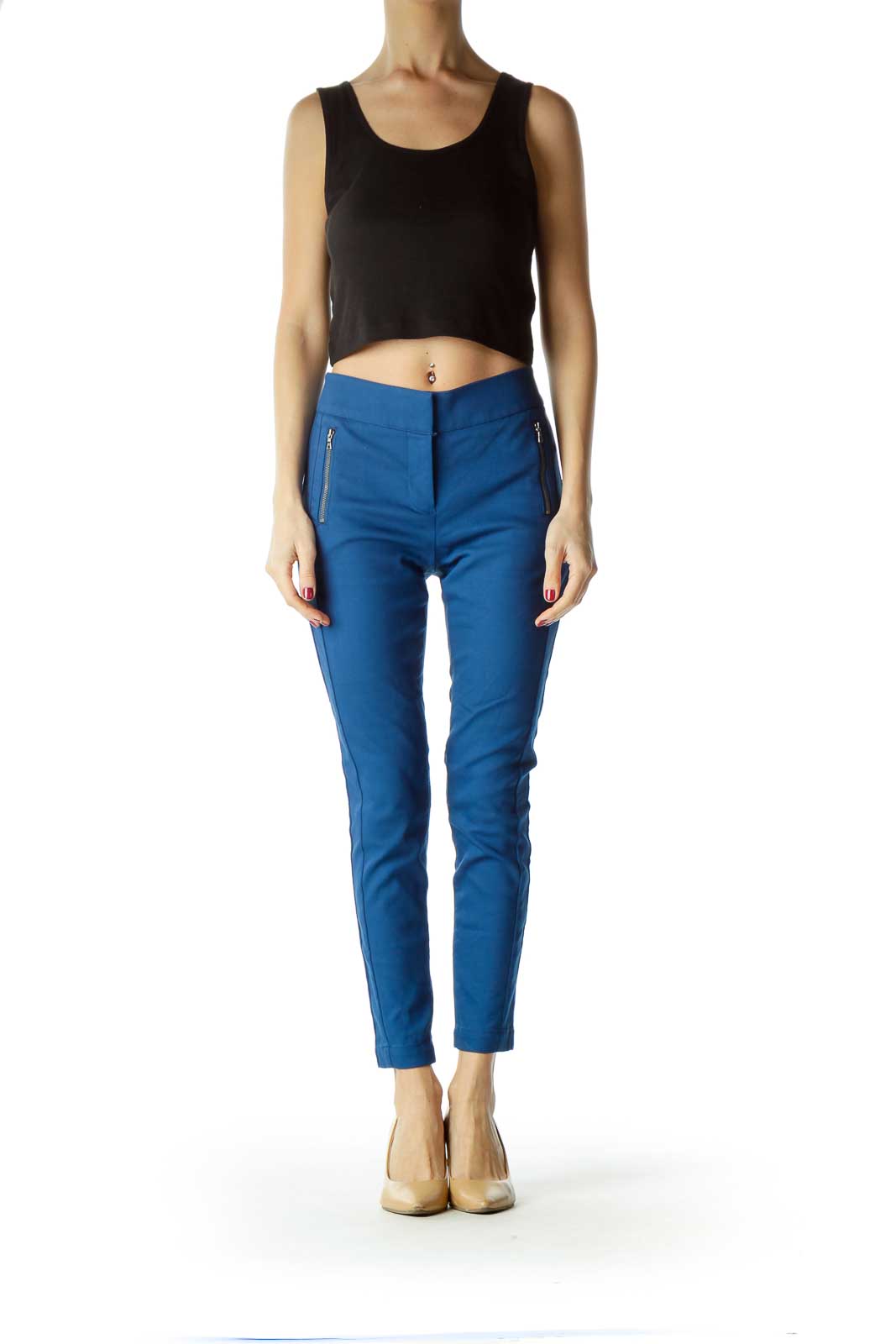 Blue Zippered Pockets Skinny Petite Pants