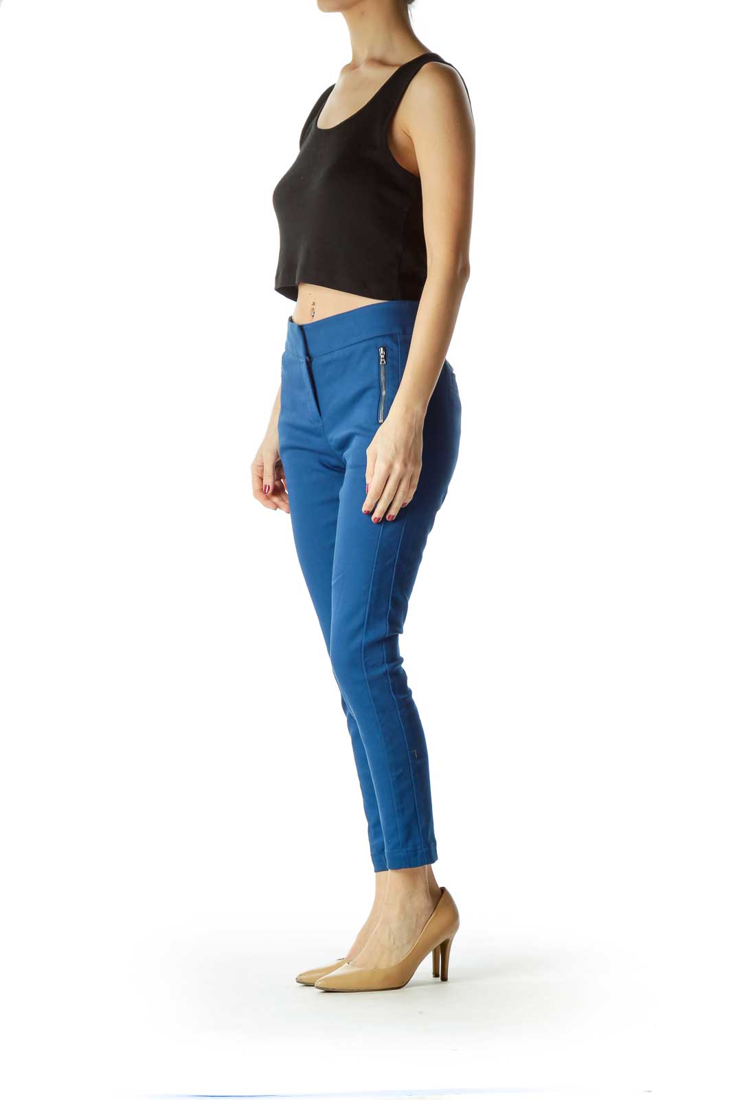 Blue Zippered Pockets Skinny Petite Pants