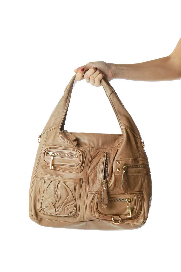 Beige Pocketed Hobo Leather Shoulder Bag