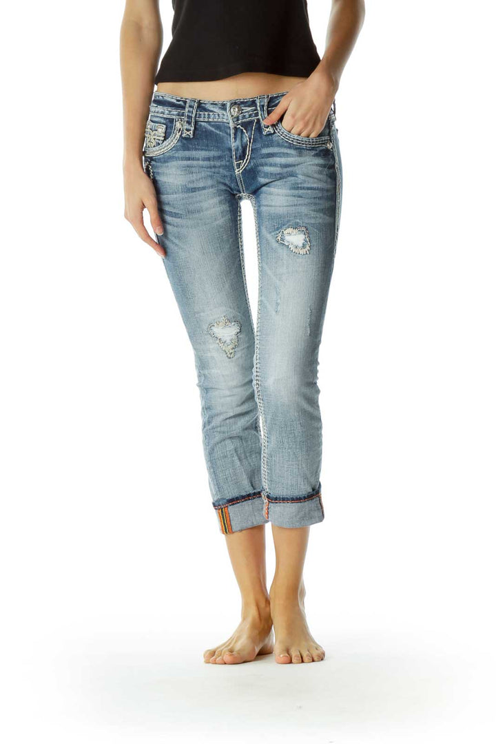 Blue Light-Wash Stitched Cropped Jeans