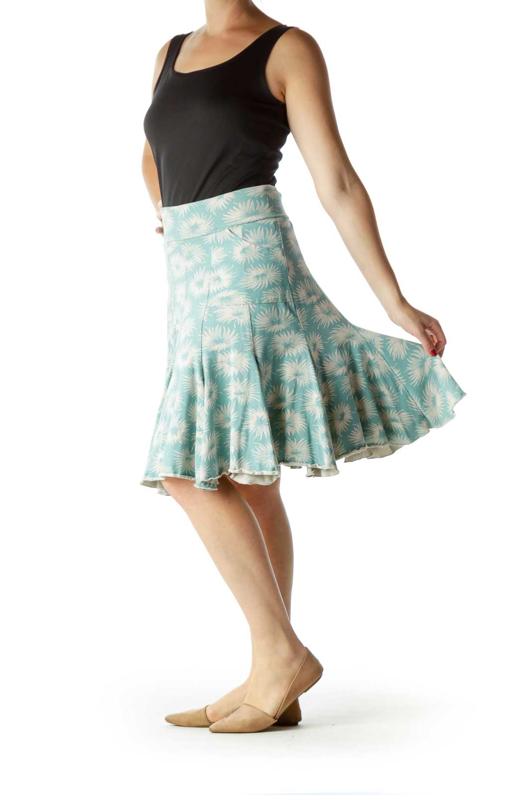 Blue Beige Printed A-Line Stretchy Skirt