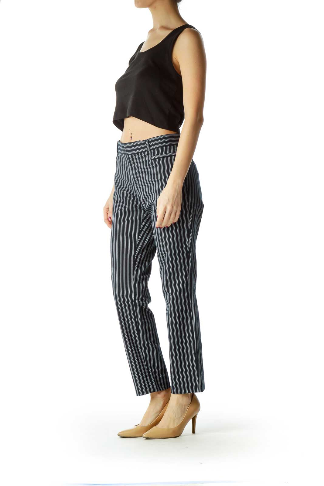 Blue White Pinstripe Straight Leg Pants