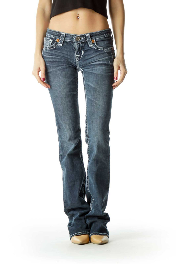 Blue Medium-Wash Stitched Flared Jeans