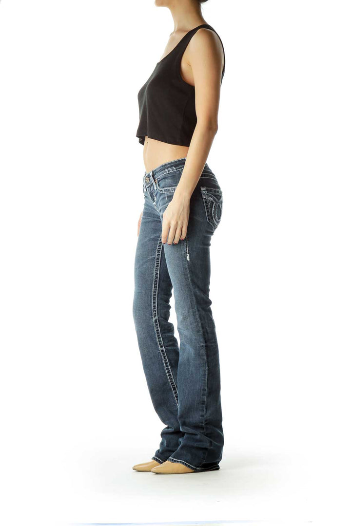 Blue Medium-Wash Stitched Flared Jeans