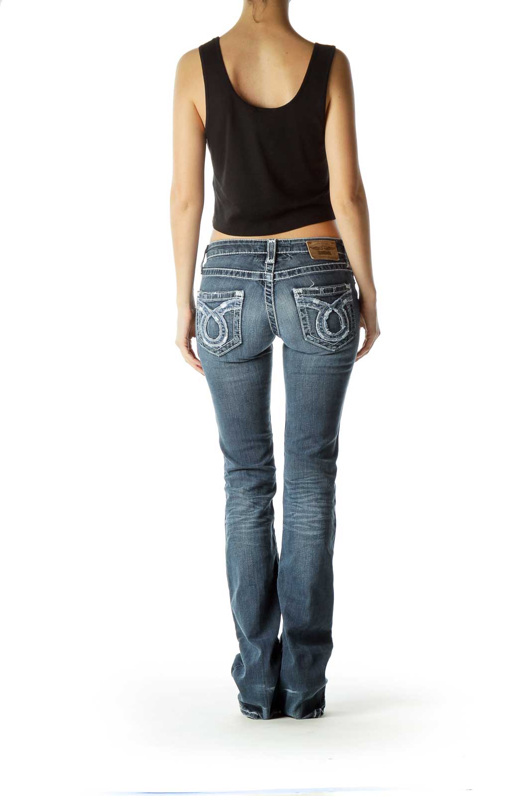 Blue Medium-Wash Stitched Flared Jeans