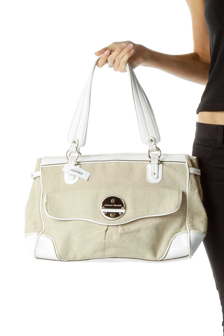 Beige Linen White Leather Handle Tote