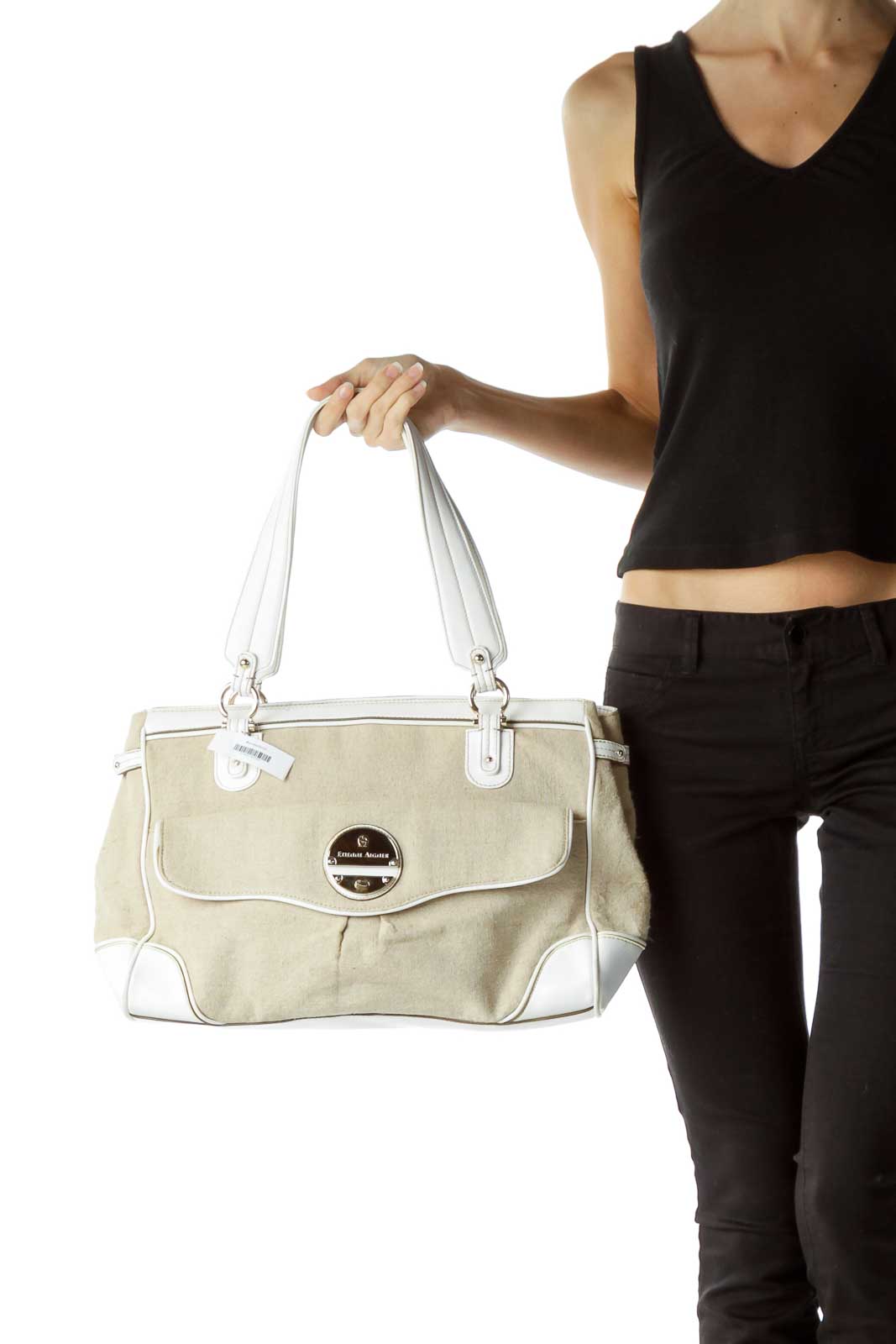 Beige Linen White Leather Handle Tote