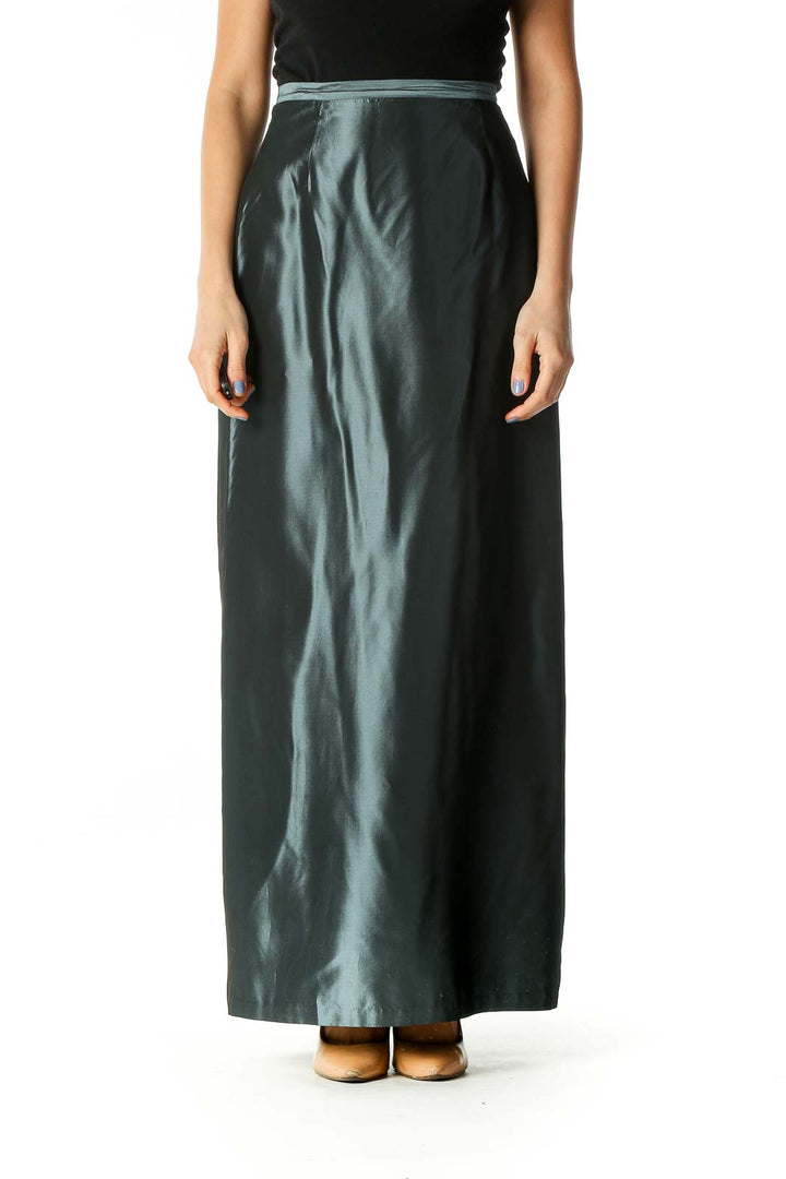 Gray Metallic Cinched Waist Long Skirt