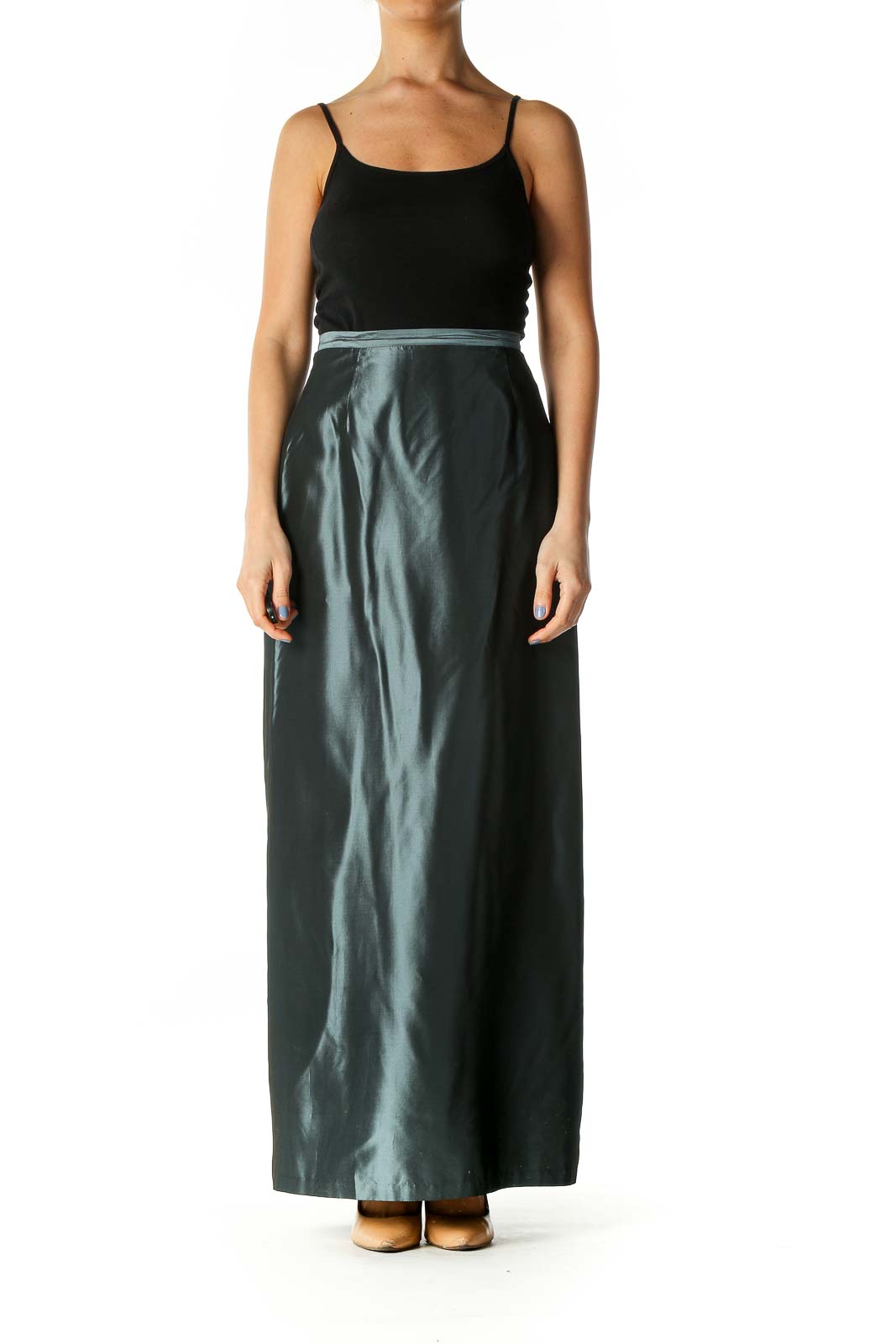 Gray Metallic Cinched Waist Long Skirt