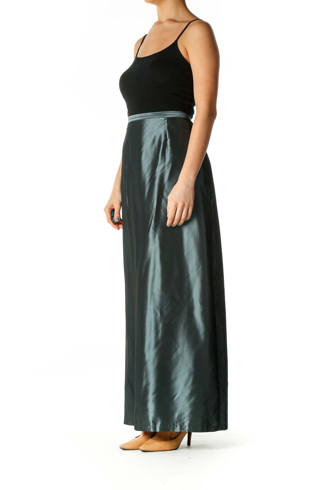 Gray Metallic Cinched Waist Long Skirt