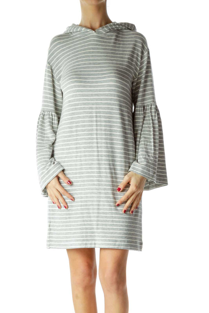 Gray White Striped Jersey-Knit Dress with Hood